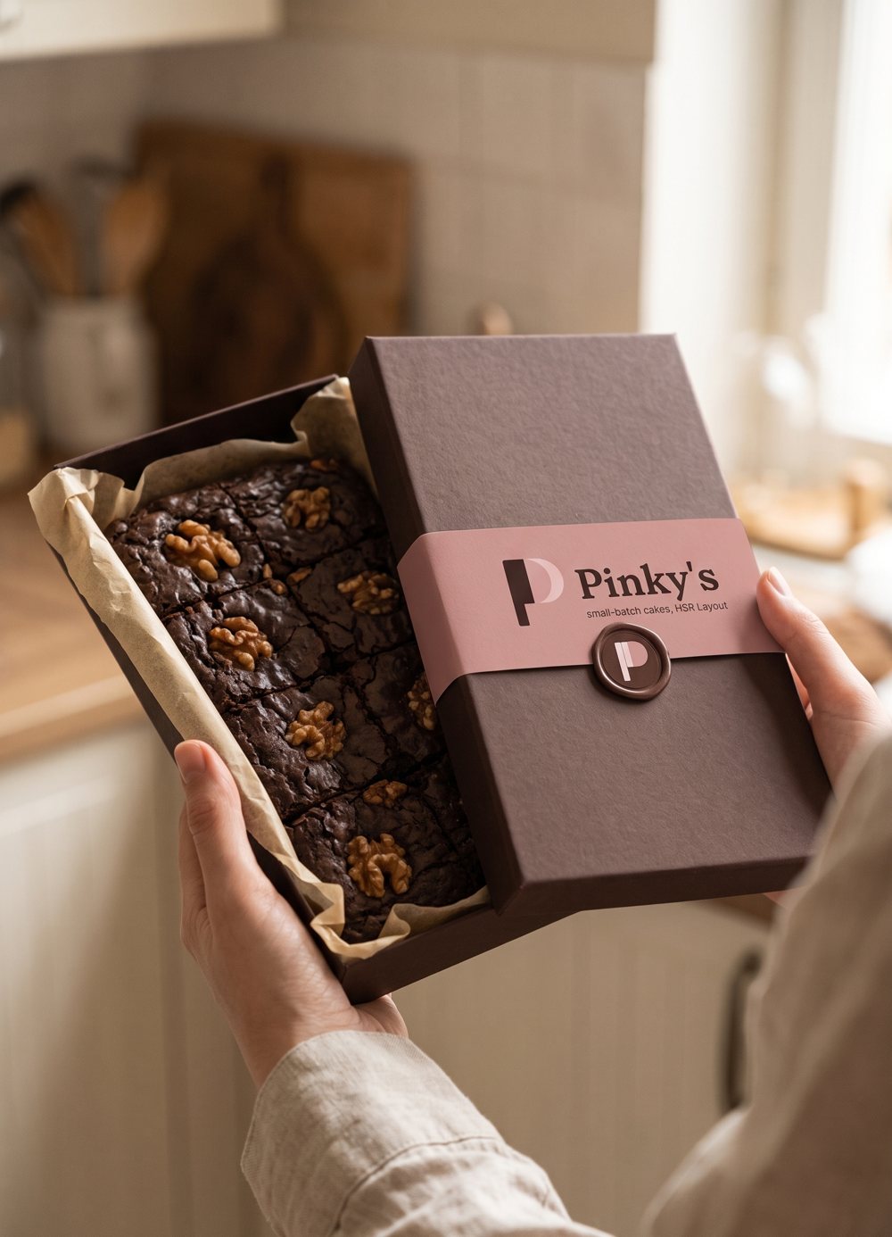 Brownie box in hand, A packaging